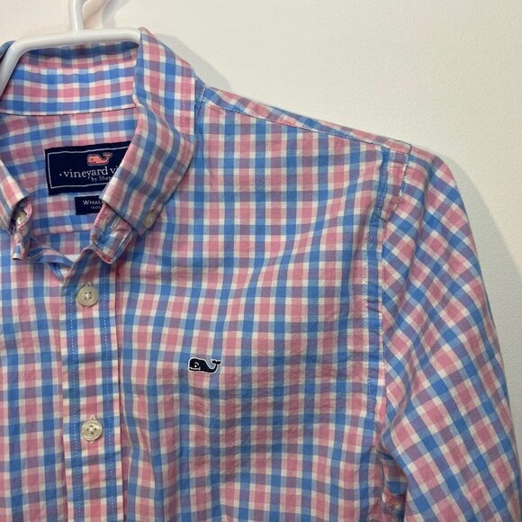 Vineyard Vines Boy's Cotton Pink / Blue Check Whale Shirt - Size Medium (12-14) - Picture 3 of 4